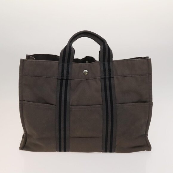 HERMES Fourre Tout MM Hand Bag Canvas 2Set Gray Navy Auth ti3040 - Picture 2 of 16